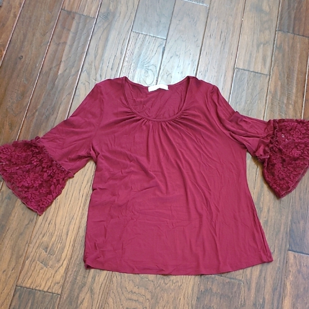 NWT Fair Haven Burgundy Blouse with Lace Bell Sleeves size XL
